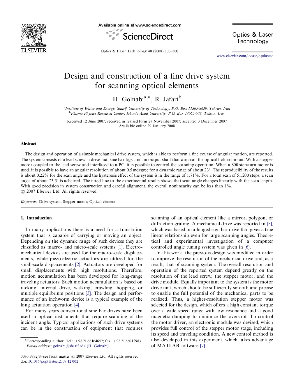 Design and construction of a fine drive system for scanning optical elements