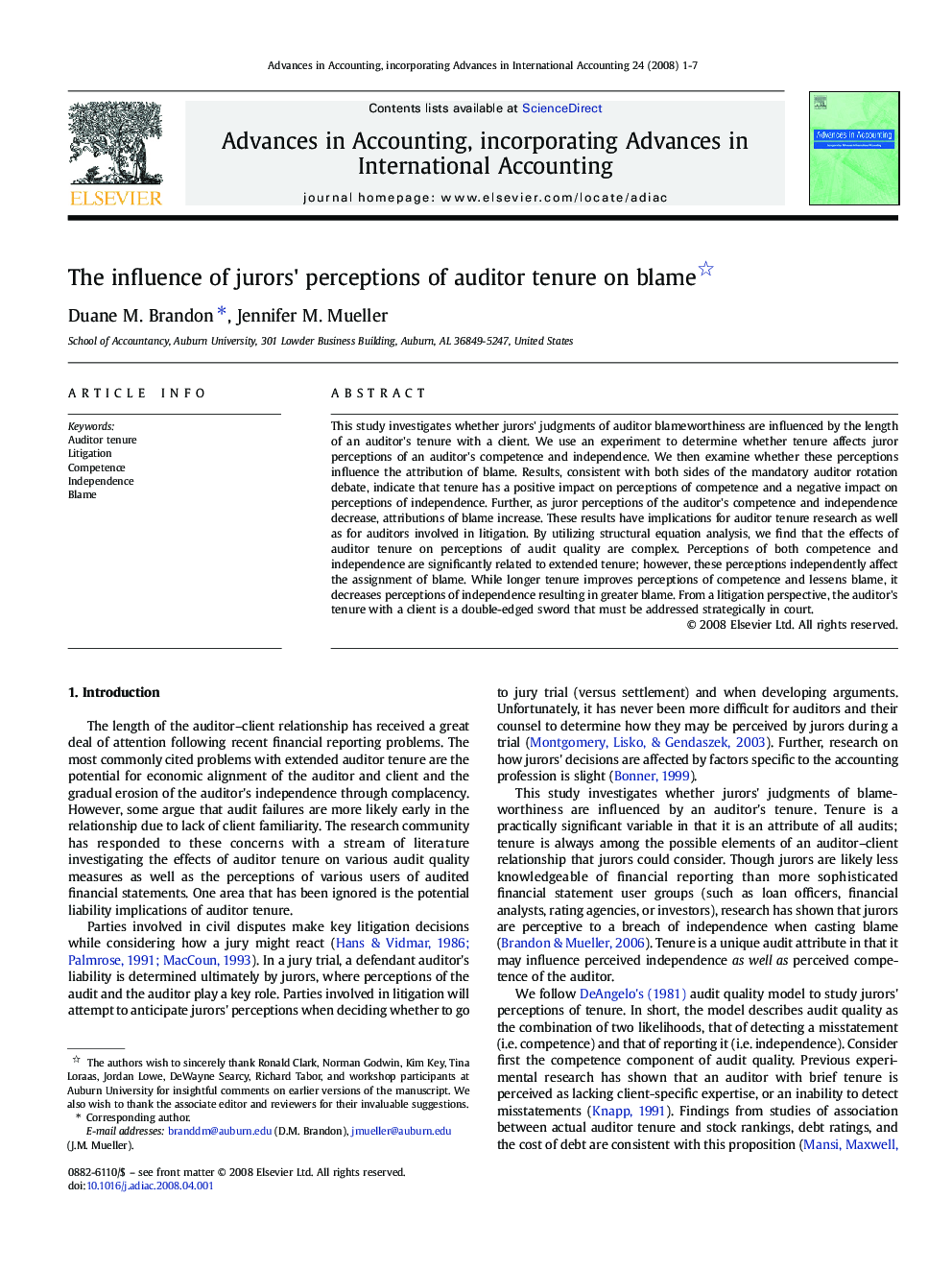 The influence of jurors' perceptions of auditor tenure on blame