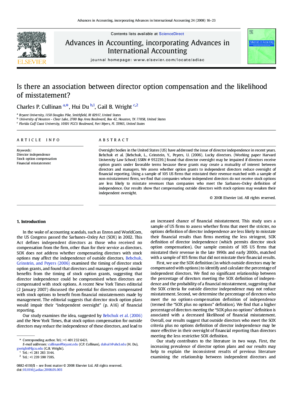 عکس صفحه اول مقاله: Is there an association between director option compensation and the likelihood of misstatement? Is there an association between director option compensation and the likelihood of misstatement?