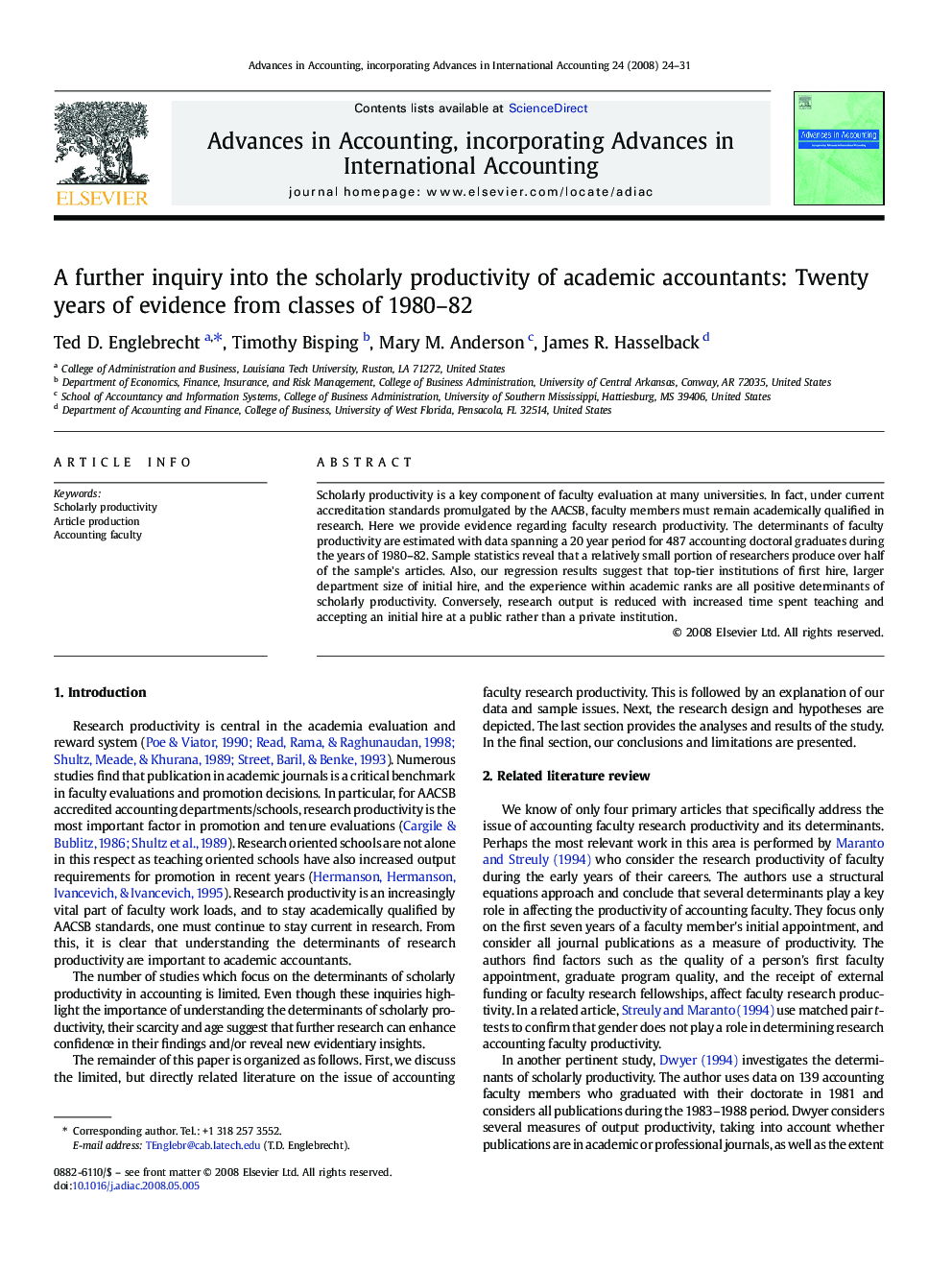 A further inquiry into the scholarly productivity of academic accountants: Twenty years of evidence from classes of 1980-82