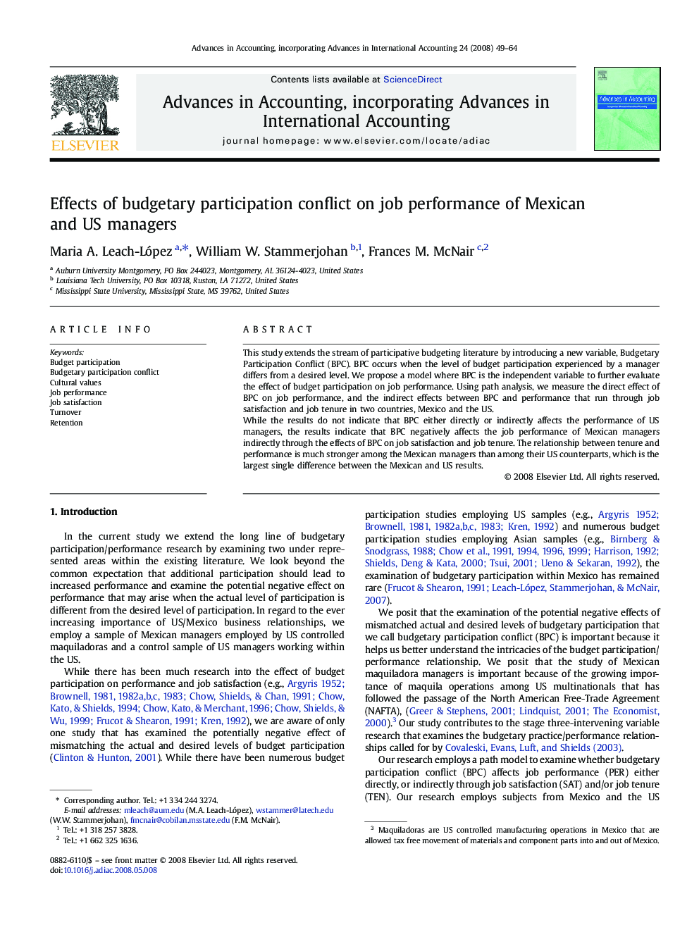 Effects of budgetary participation conflict on job performance of Mexican and US managers