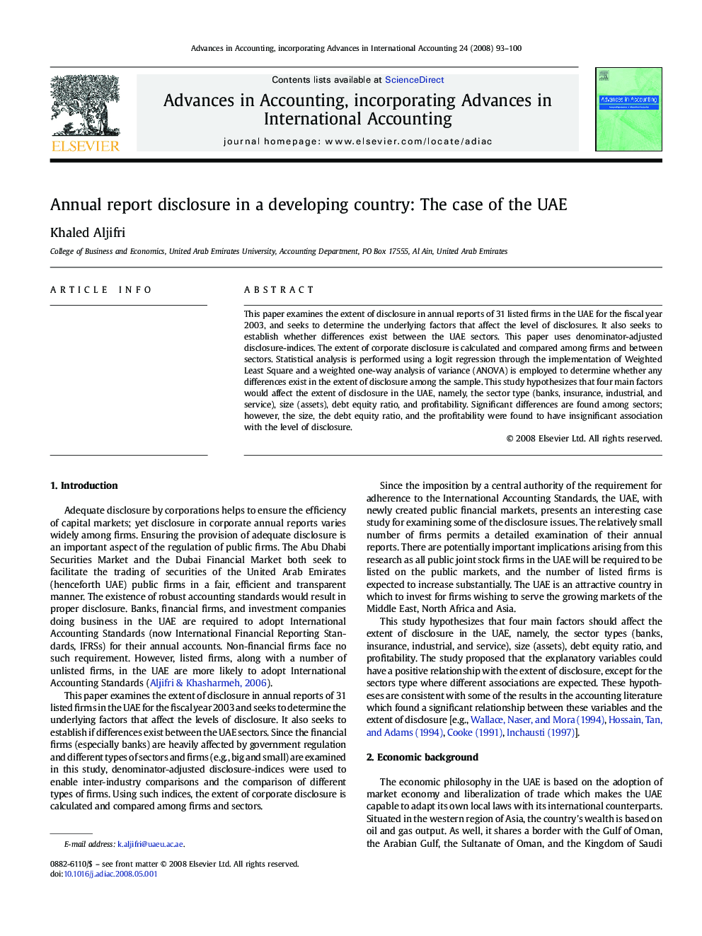 عکس صفحه اول مقاله: Annual report disclosure in a developing country: The case of the UAE Annual report disclosure in a developing country: The case of the UAE