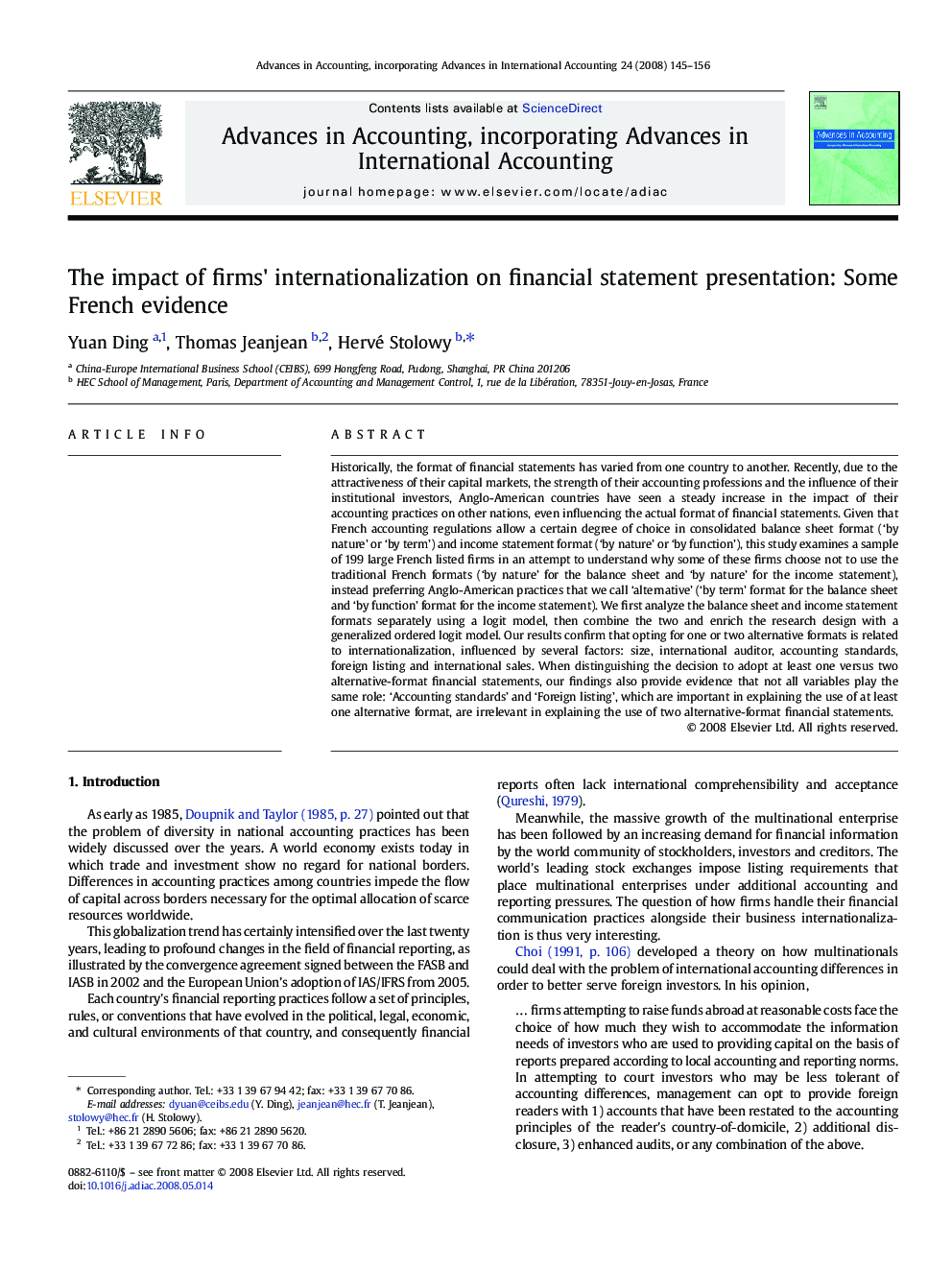 عکس صفحه اول مقاله: The impact of firms' internationalization on financial statement presentation: Some French evidence The impact of firms' internationalization on financial statement presentation: Some French evidence