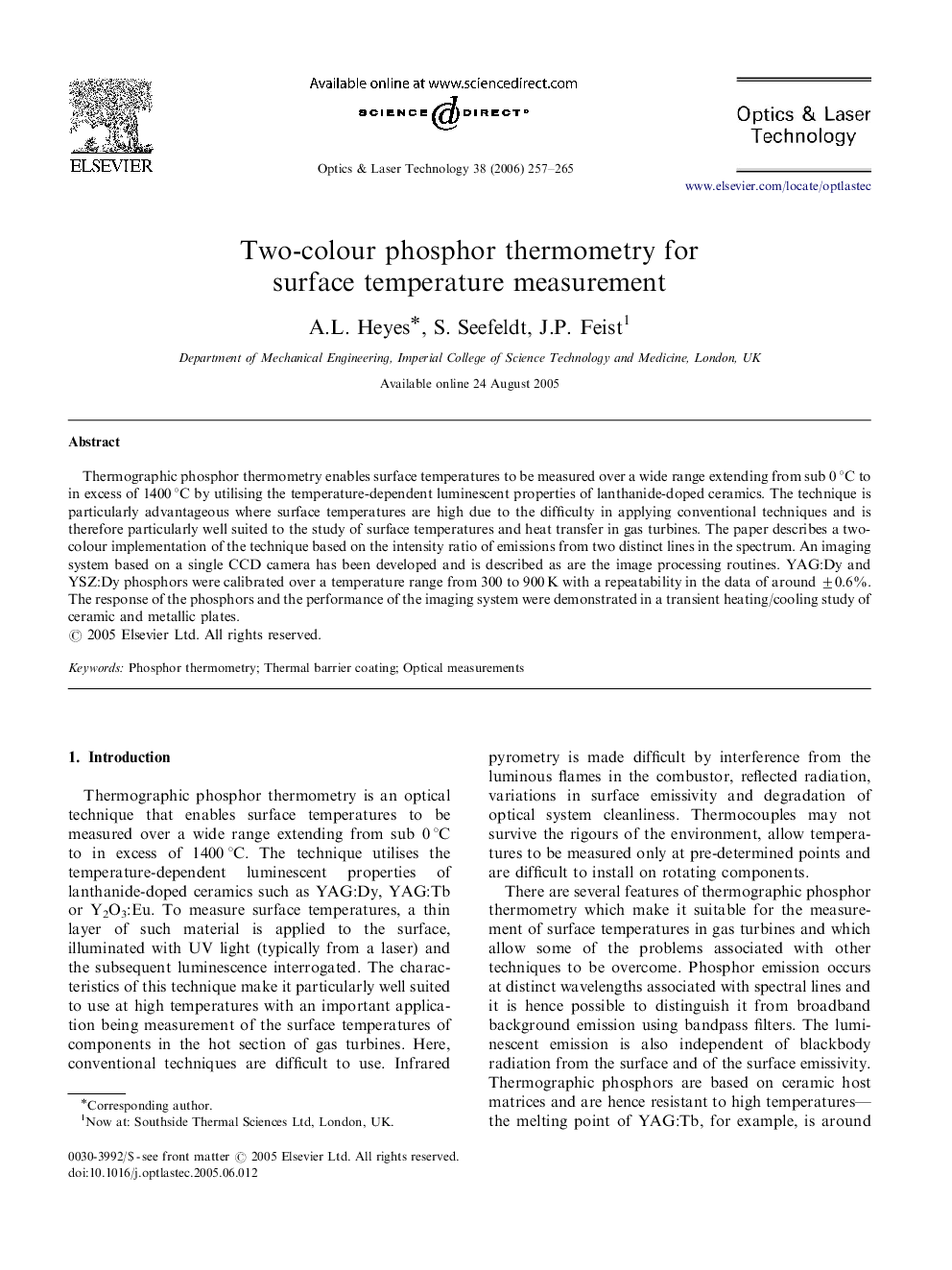 Two-colour phosphor thermometry for surface temperature measurement