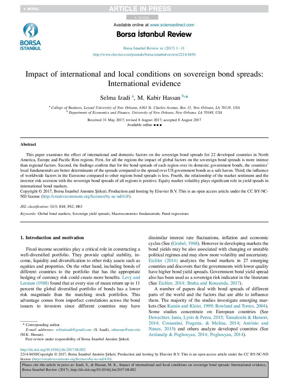 Impact of international and local conditions on sovereign bond spreads: International evidence