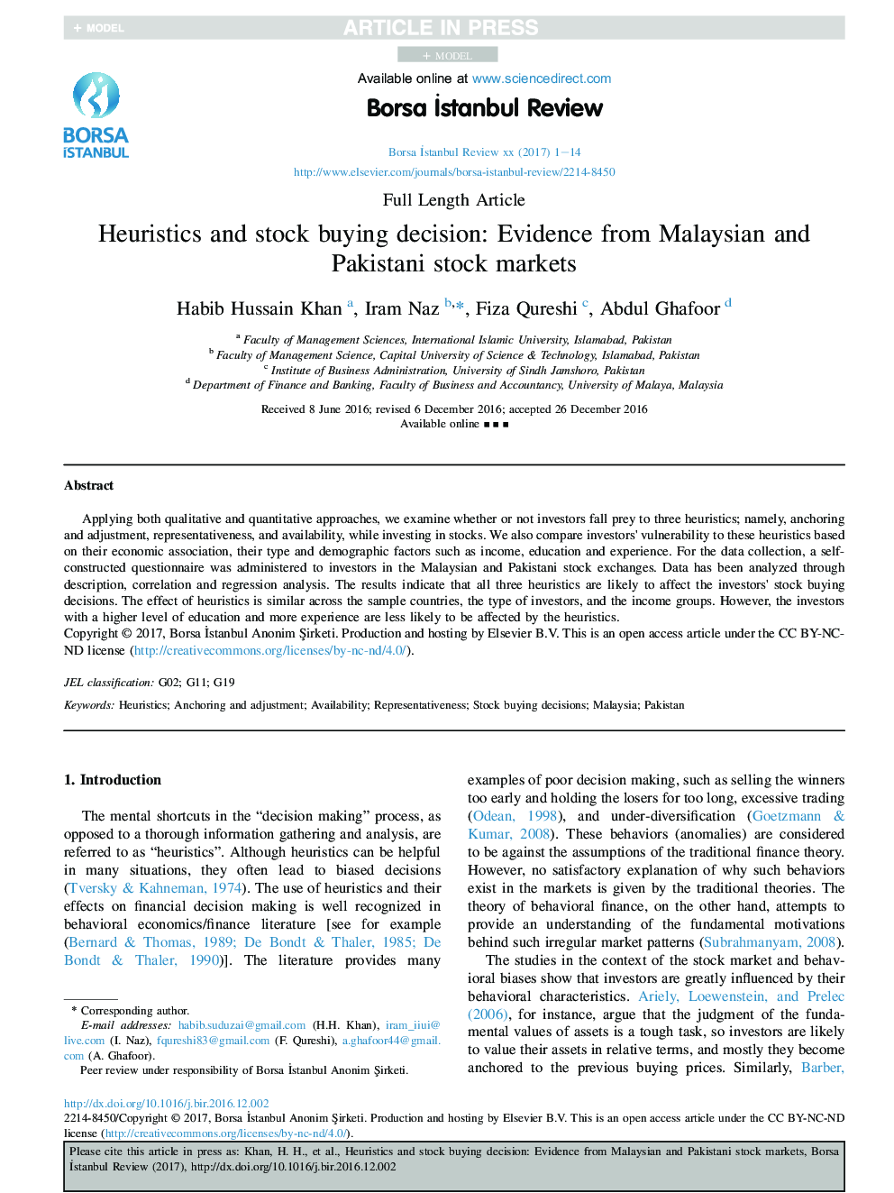 Heuristics and stock buying decision: Evidence from Malaysian and Pakistani stock markets