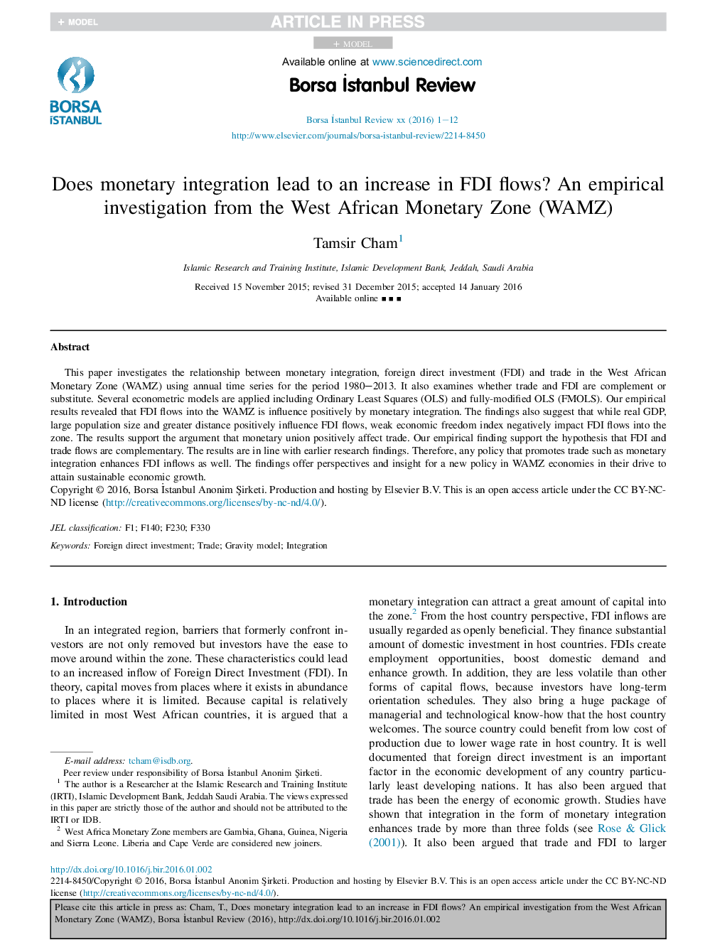 Does monetary integration lead to an increase in FDI flows? An empirical investigation from the West African Monetary Zone (WAMZ)