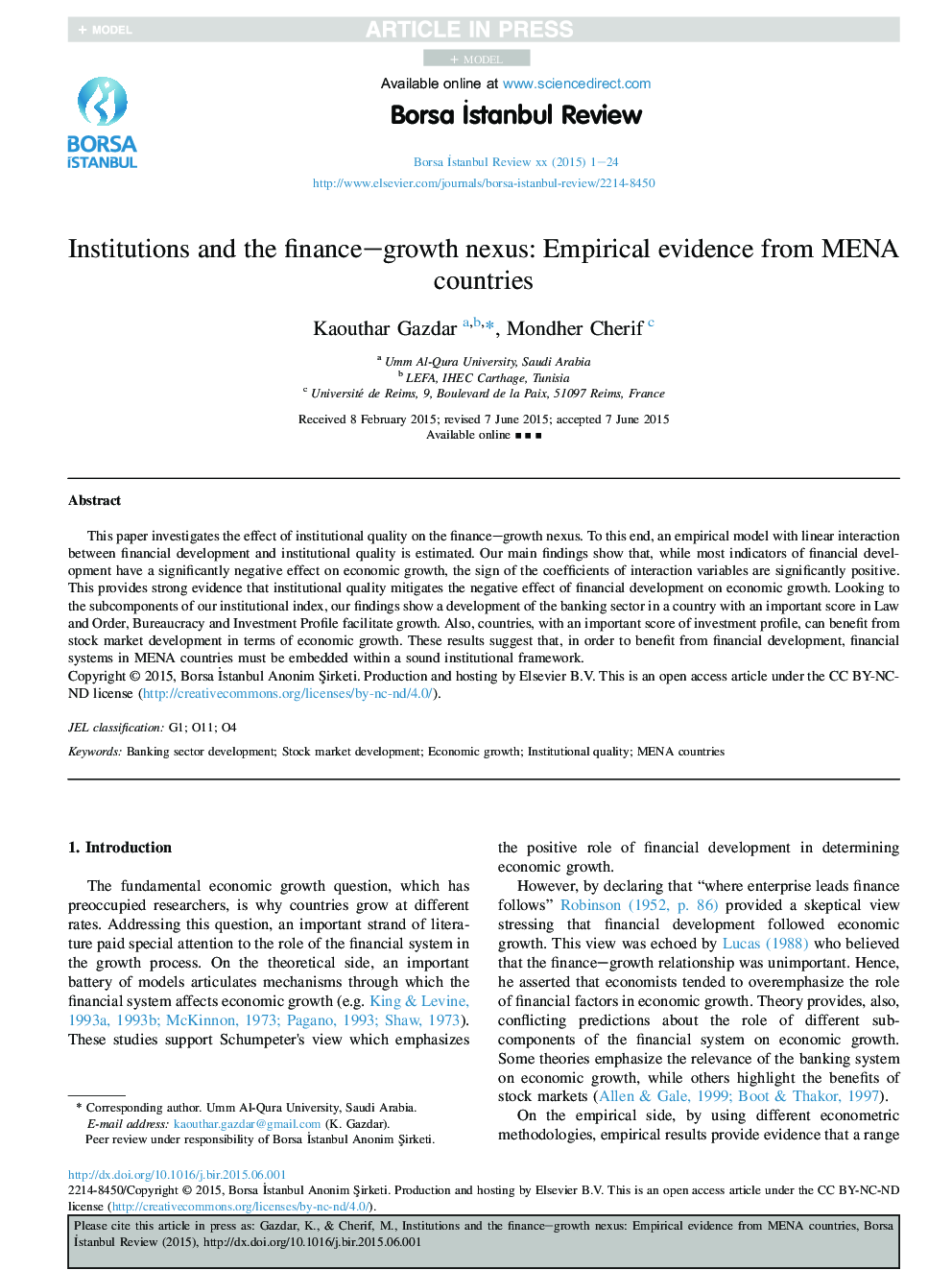 Institutions and the finance-growth nexus: Empirical evidence from MENA countries