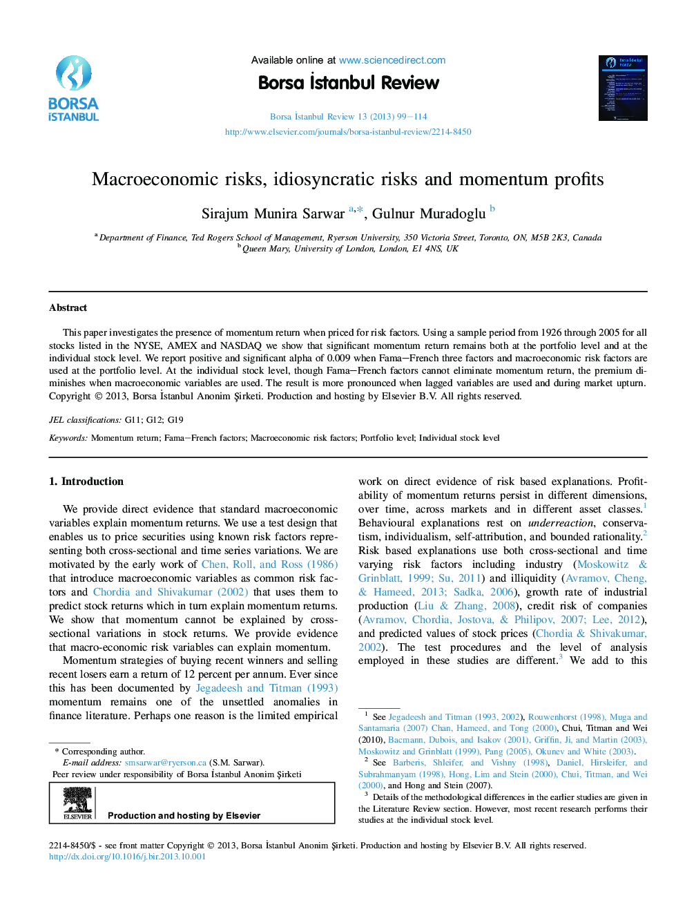 Macroeconomic risks, idiosyncratic risks and momentum profits