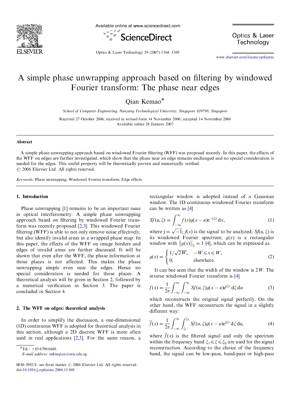 A simple phase unwrapping approach based on filtering by windowed Fourier transform: The phase near edges