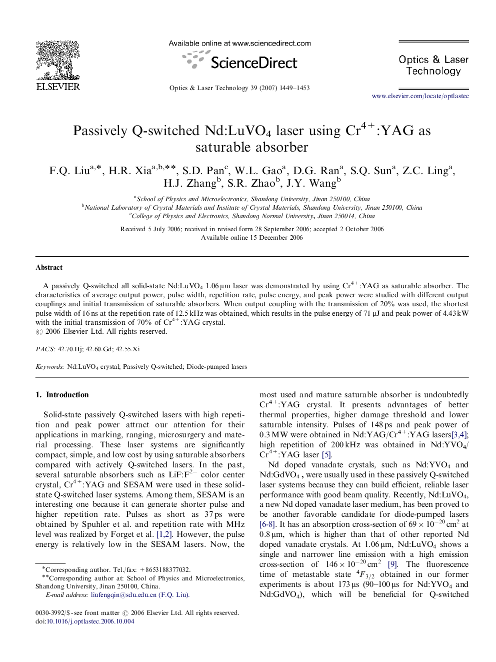 Passively Q-switched Nd:LuVO4 laser using Cr4+:YAG as saturable absorber