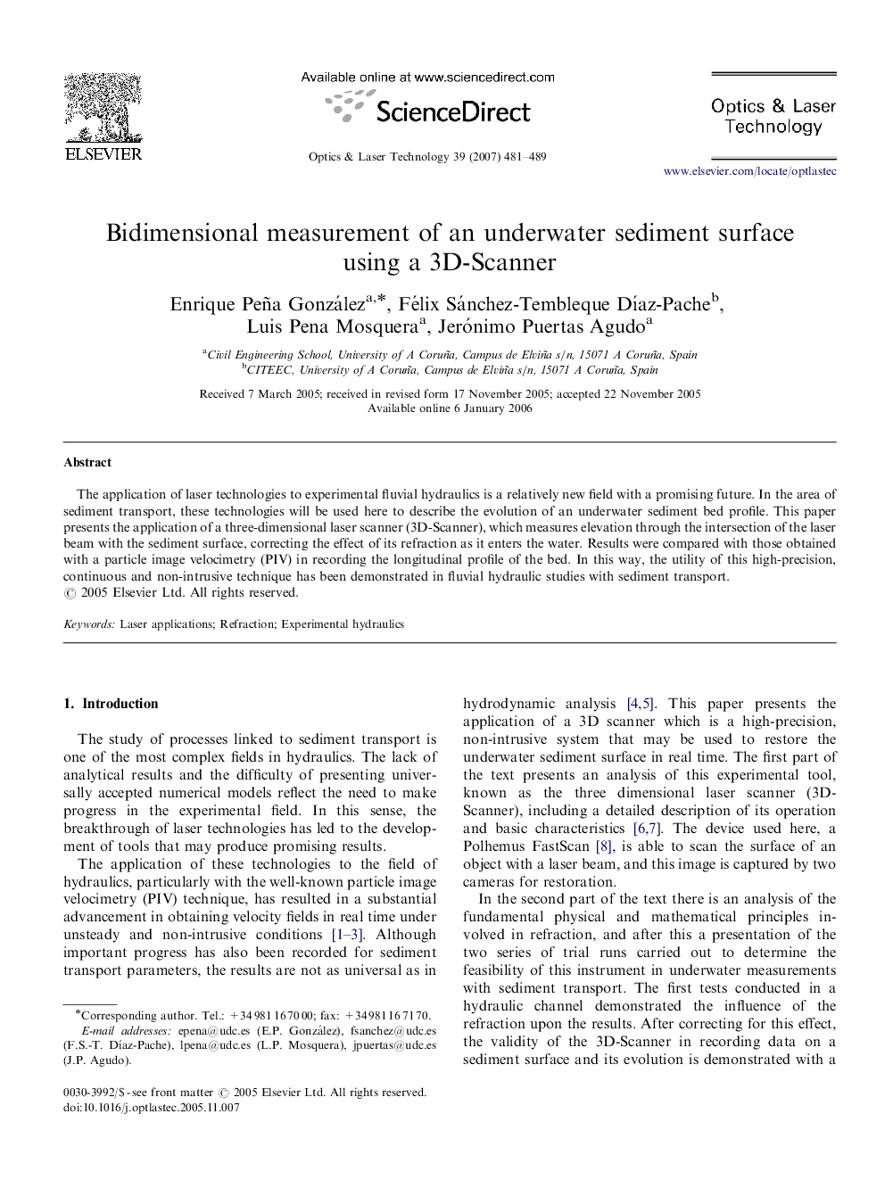 Bidimensional measurement of an underwater sediment surface using a 3D-Scanner