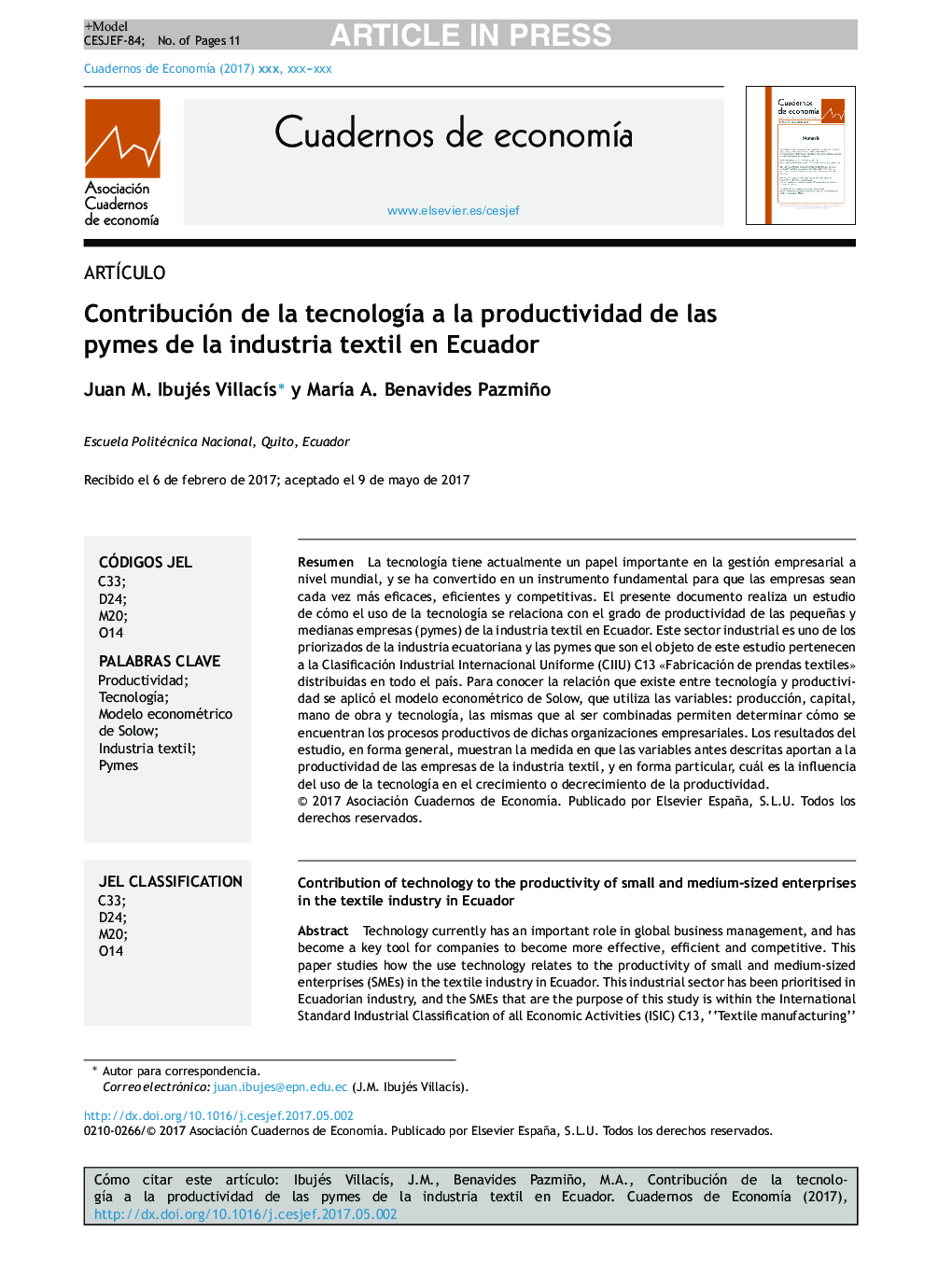 Contribución de la tecnologÃ­a a la productividad de las pymes de la industria textil en Ecuador