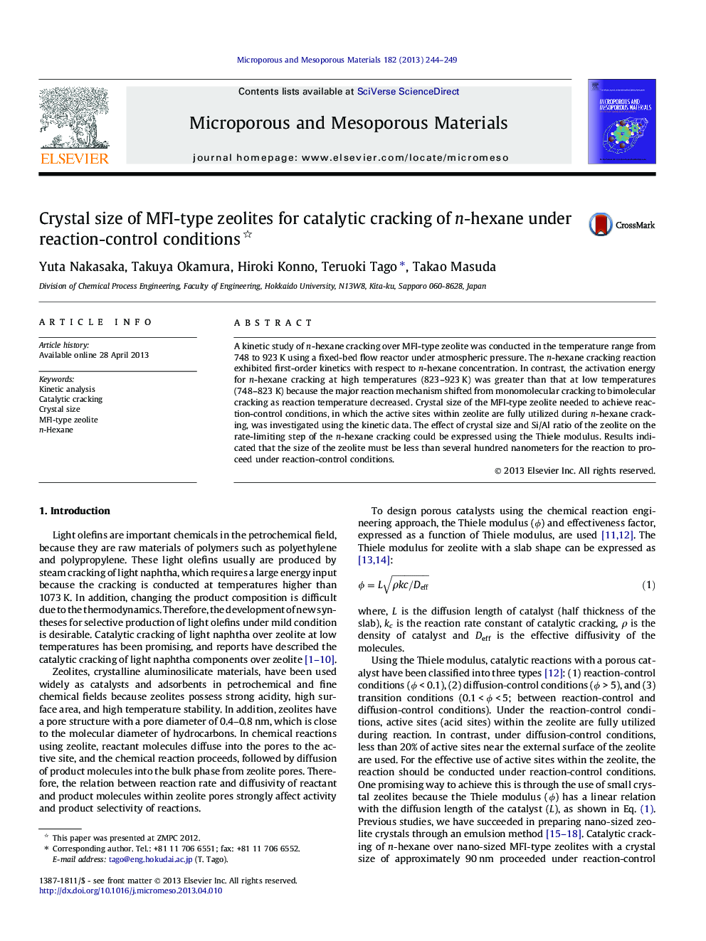 Crystal size of MFI-type zeolites for catalytic cracking of n-hexane under reaction-control conditions 