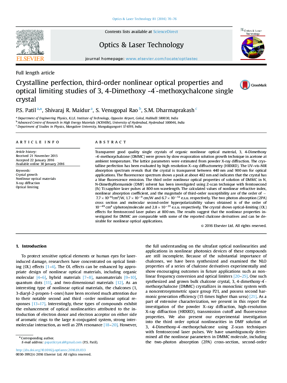 عکس صفحه اول مقاله: Crystalline perfection, third-order nonlinear optical properties and optical limiting studies of 3, 4-Dimethoxy -4′-methoxychalcone single crystal Crystalline perfection, third-order nonlinear optical properties and optical limiting studies of 3, 4-Dimethoxy -4′-methoxychalcone single crystal