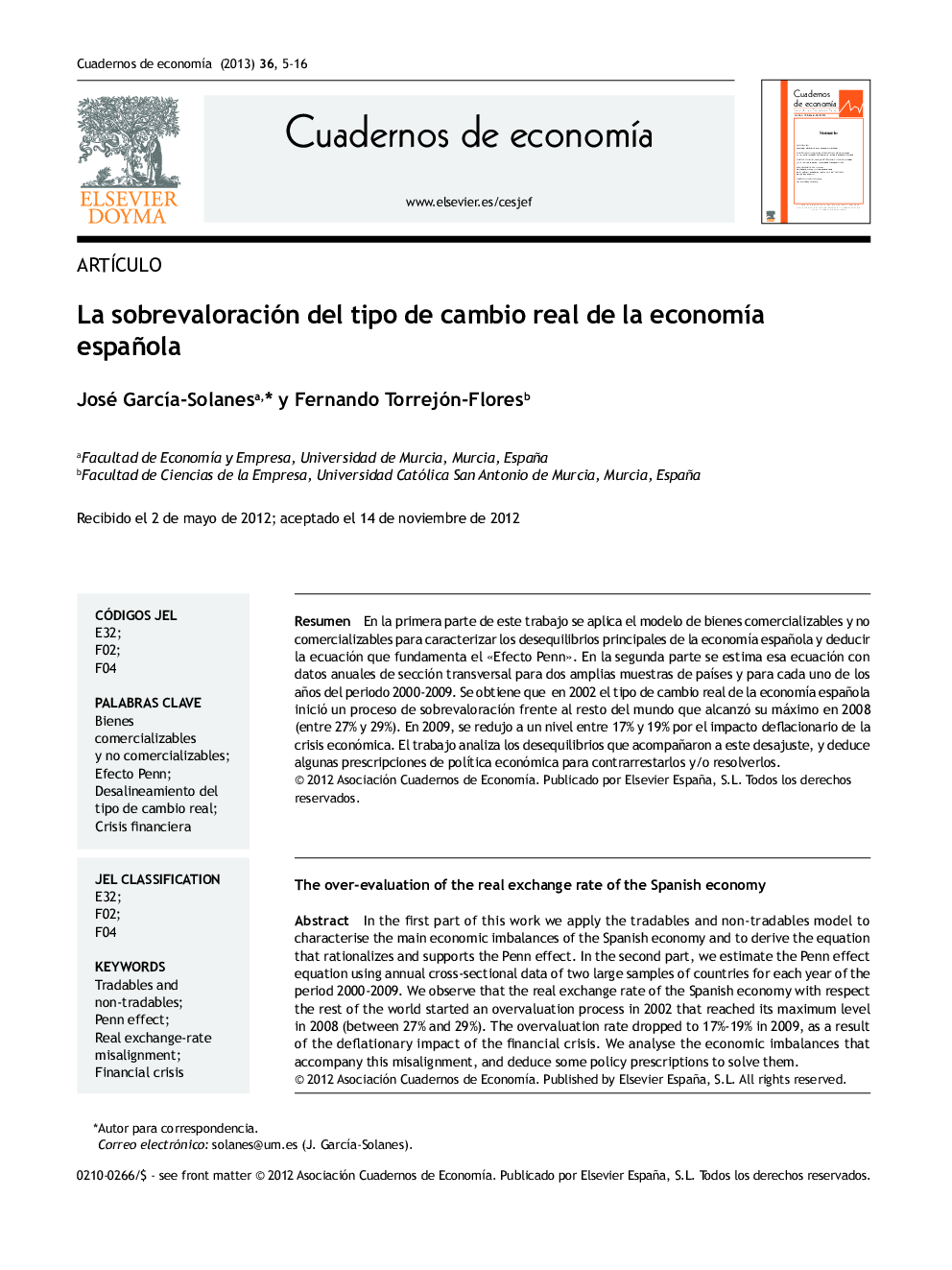 La sobrevaloración del tipo de cambio real de la economÃ­a española