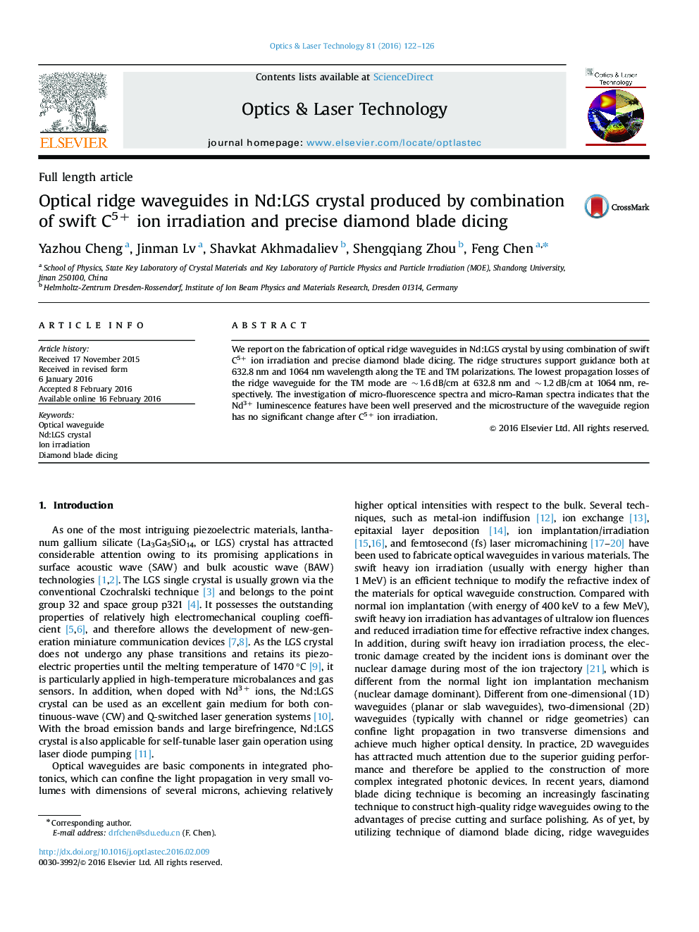 Optical ridge waveguides in Nd:LGS crystal produced by combination of swift C5+ ion irradiation and precise diamond blade dicing