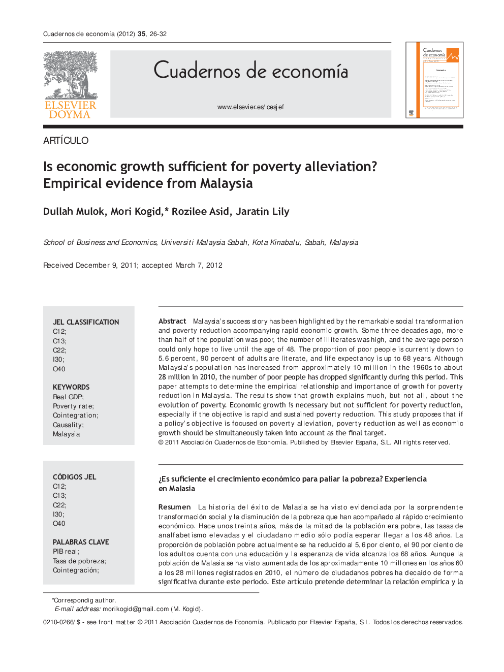 Is economic growth sufficient for poverty alleviation? Empirical evidence from Malaysia