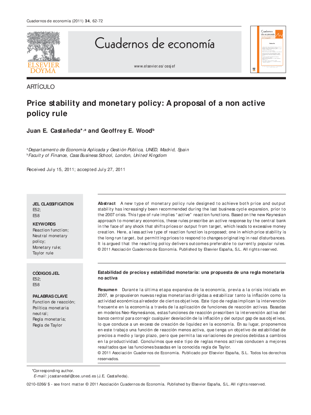 Price stability and monetary policy: A proposal of a non active policy rule