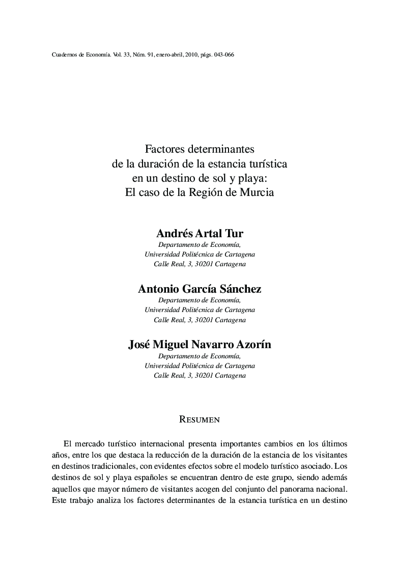 Factores determinantes de la duración de la estancia turÃ­stica en un destino de sol y playa: El caso de la Región de Murcia