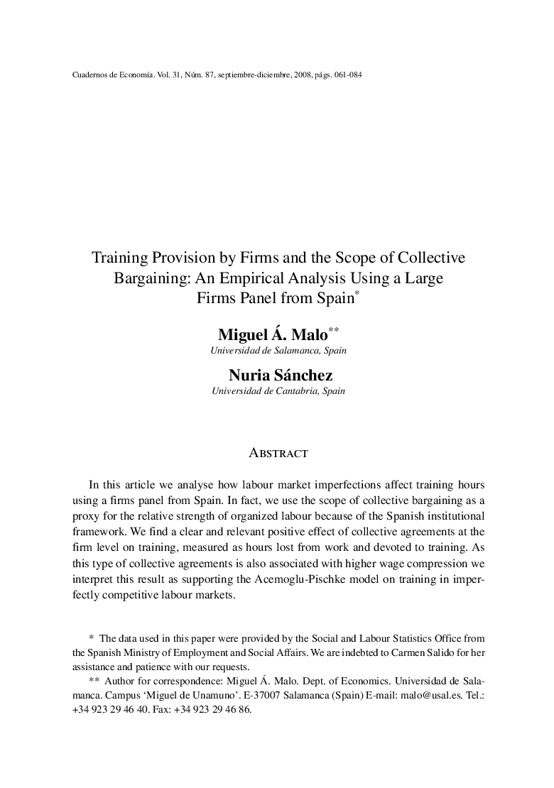 Training Provision by Firms and the Scope of Collective Bargaining: An Empirical Analysis Using a Large Firms Panel from Spain