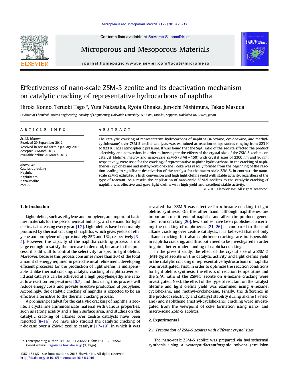 Effectiveness of nano-scale ZSM-5 zeolite and its deactivation mechanism on catalytic cracking of representative hydrocarbons of naphtha