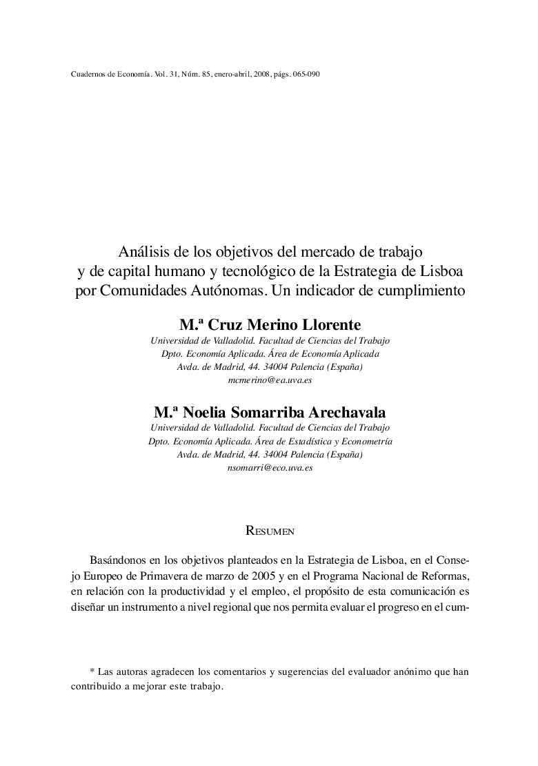 Análisis de los objetivos del mercado de trabajo y de capital humano y tecnológico de la Estrategia de Lisboa por Comunidades Autónomas. Un indicador de cumplimiento