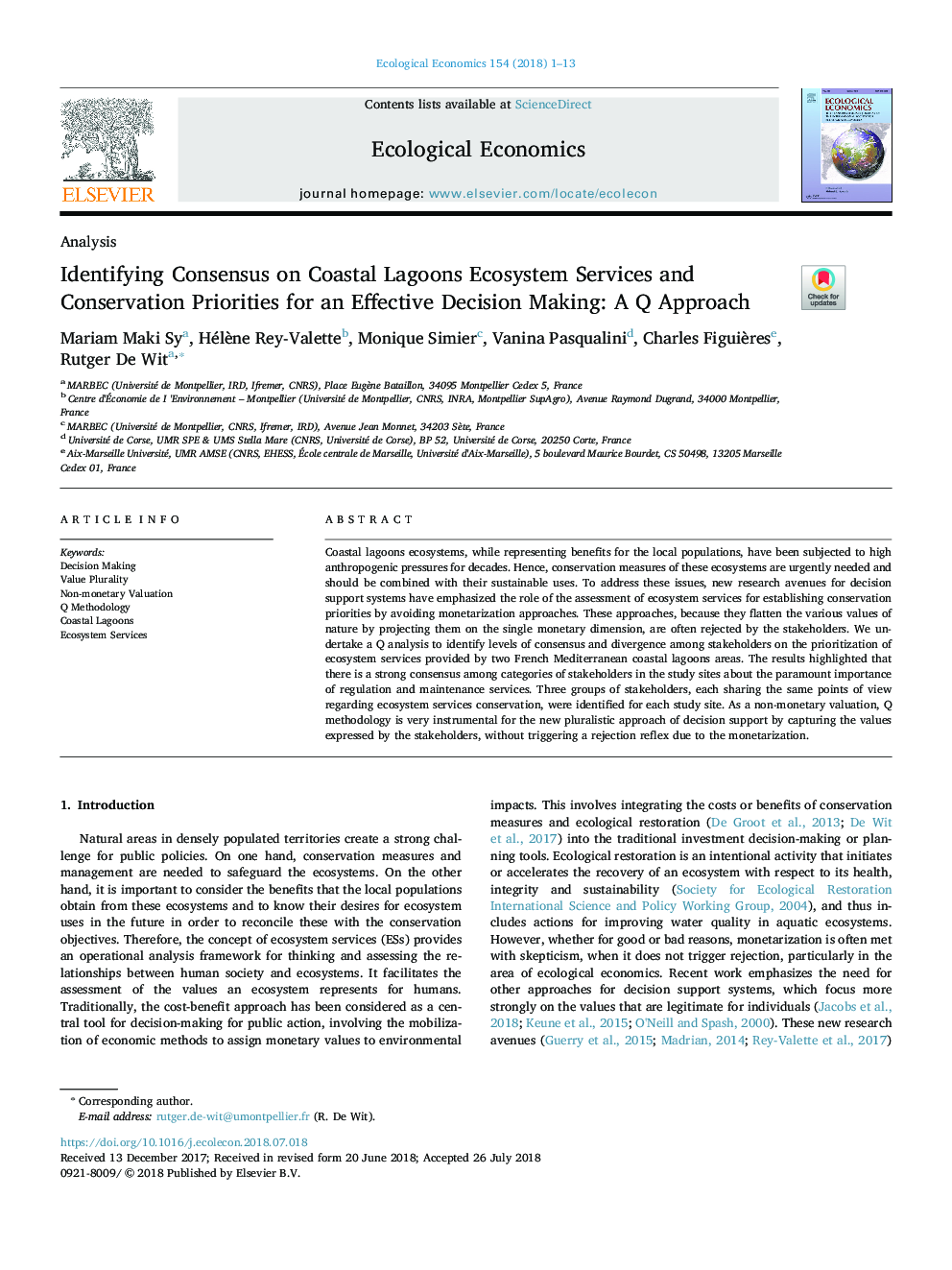 Identifying Consensus on Coastal Lagoons Ecosystem Services and Conservation Priorities for an Effective Decision Making: A Q Approach