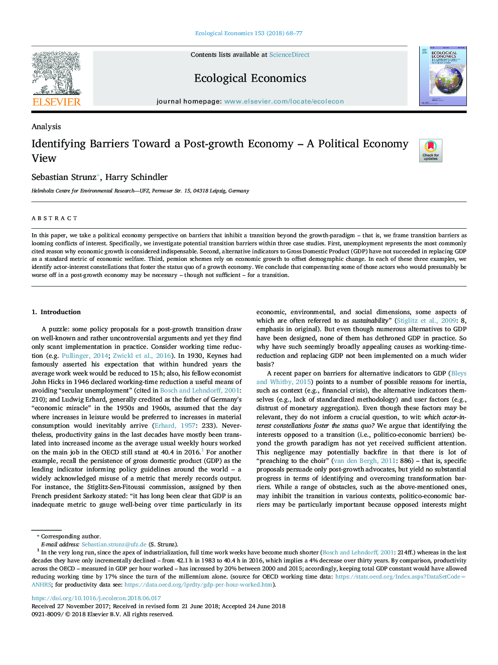 Identifying Barriers Toward a Post-growth Economy - A Political Economy View