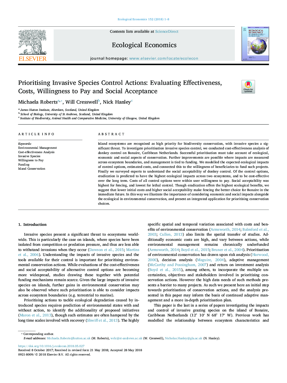 Prioritising Invasive Species Control Actions: Evaluating Effectiveness, Costs, Willingness to Pay and Social Acceptance