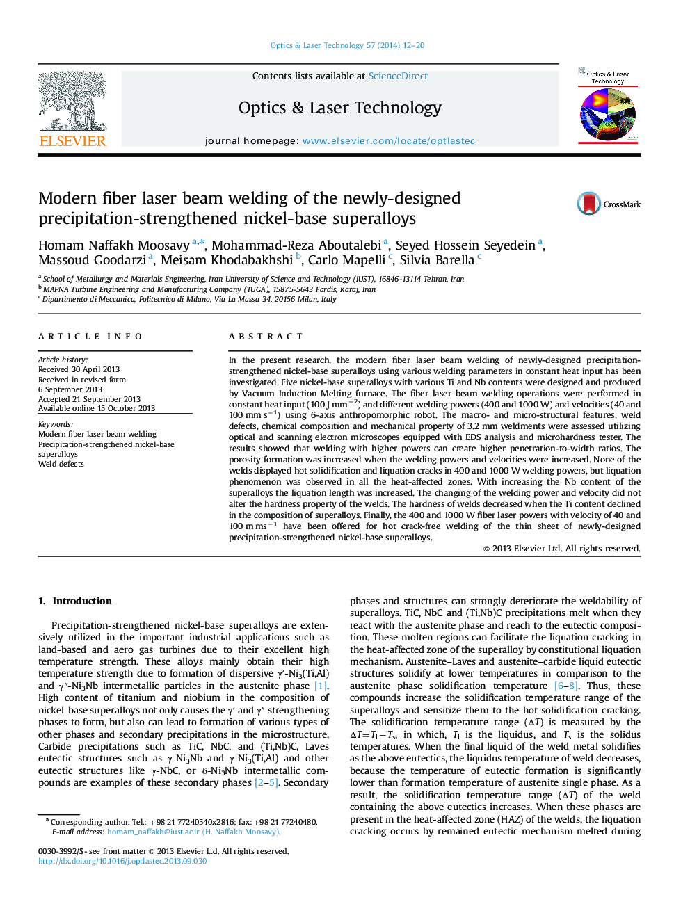 Modern fiber laser beam welding of the newly-designed precipitation-strengthened nickel-base superalloys