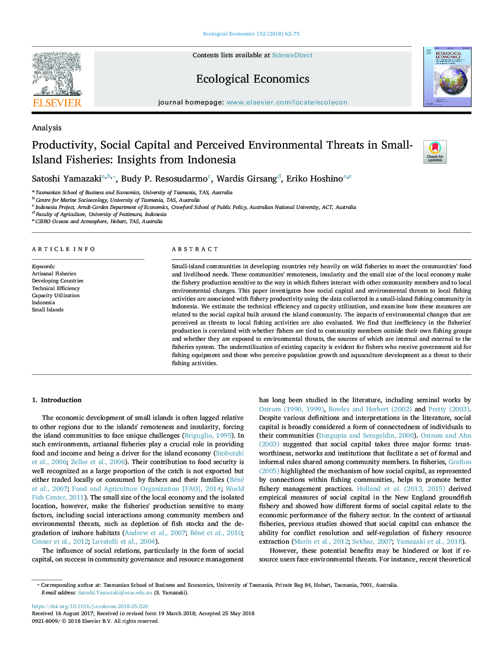 Productivity, Social Capital and Perceived Environmental Threats in Small-Island Fisheries: Insights from Indonesia