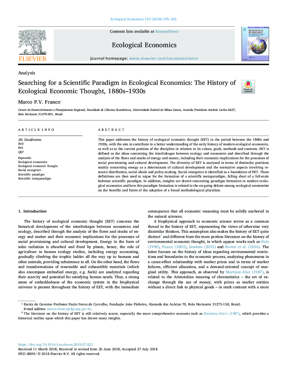 Searching for a Scientific Paradigm in Ecological Economics: The History of Ecological Economic Thought, 1880s-1930s