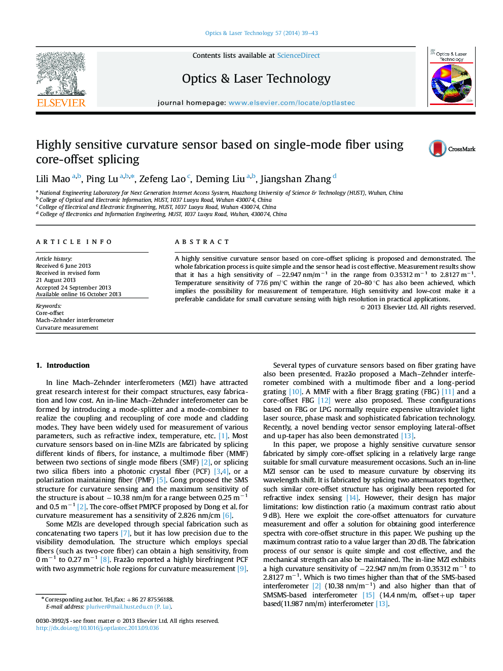 Highly sensitive curvature sensor based on single-mode fiber using core-offset splicing