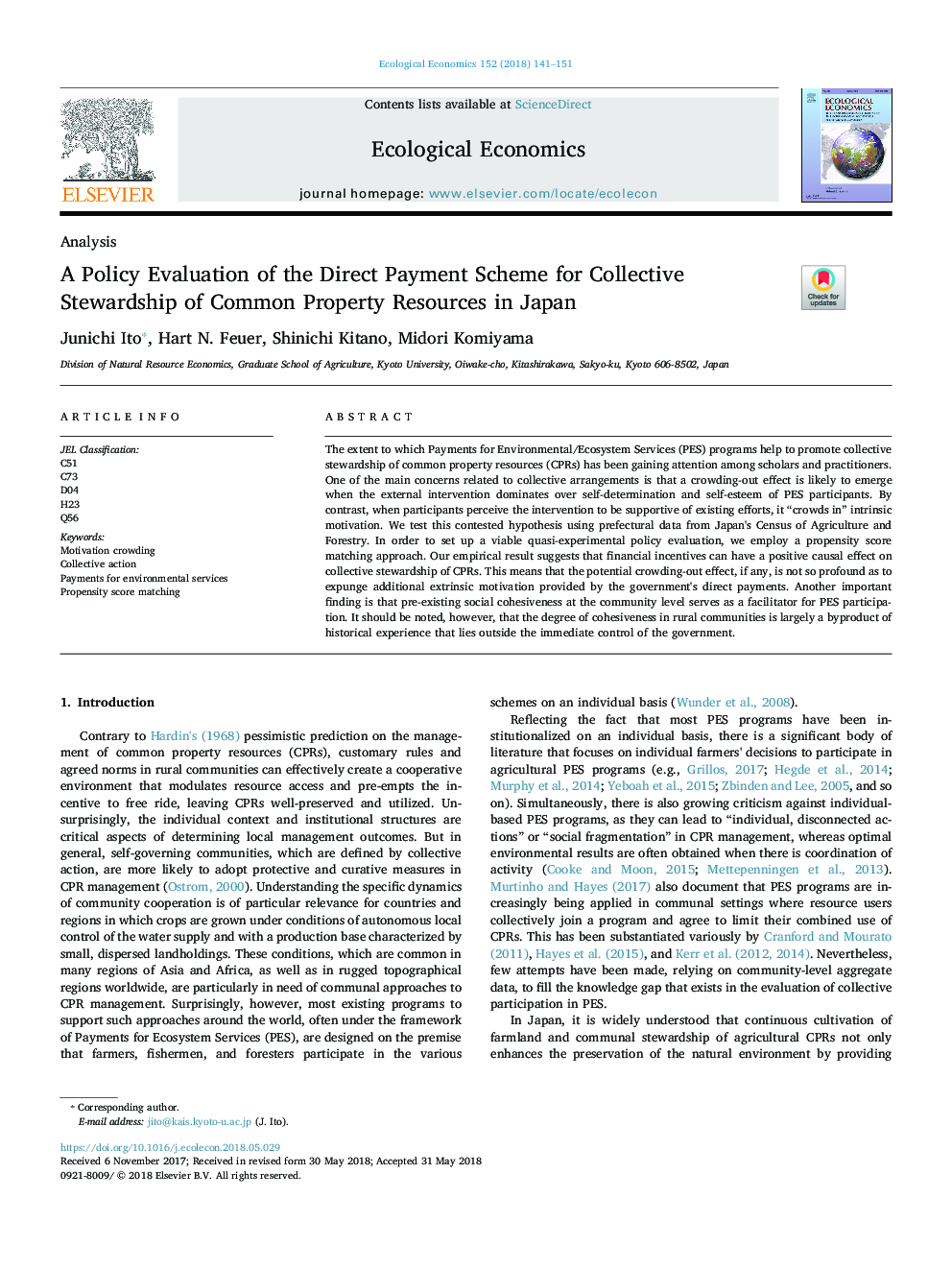 A Policy Evaluation of the Direct Payment Scheme for Collective Stewardship of Common Property Resources in Japan