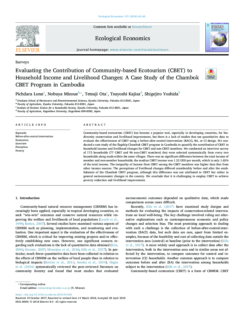 Evaluating the Contribution of Community-based Ecotourism (CBET) to Household Income and Livelihood Changes: A Case Study of the Chambok CBET Program in Cambodia