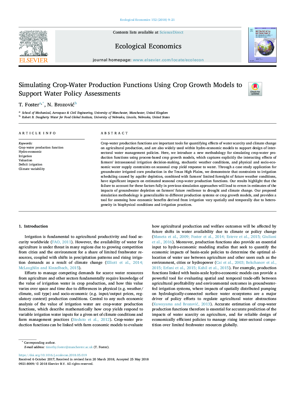 Simulating Crop-Water Production Functions Using Crop Growth Models to Support Water Policy Assessments