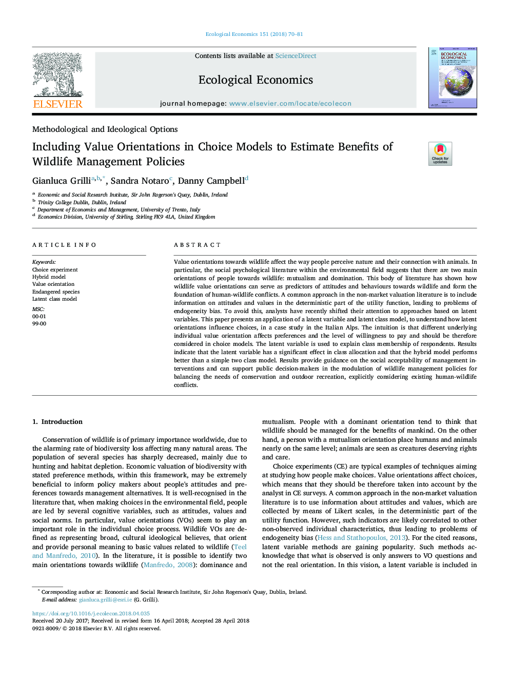 Including Value Orientations in Choice Models to Estimate Benefits of Wildlife Management Policies