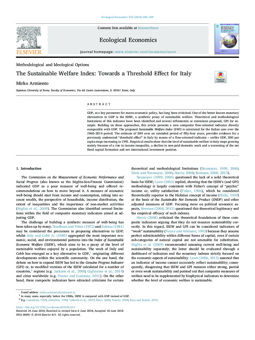 The Sustainable Welfare Index: Towards a Threshold Effect for Italy