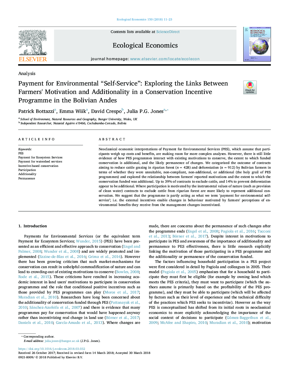 Payment for Environmental “Self-Service”: Exploring the Links Between Farmers' Motivation and Additionality in a Conservation Incentive Programme in the Bolivian Andes