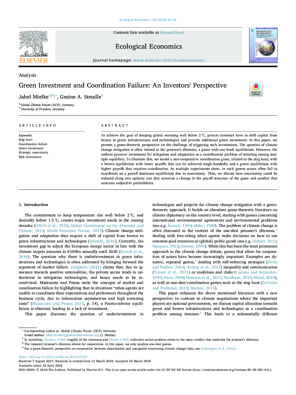 Green Investment and Coordination Failure: An Investors' Perspective