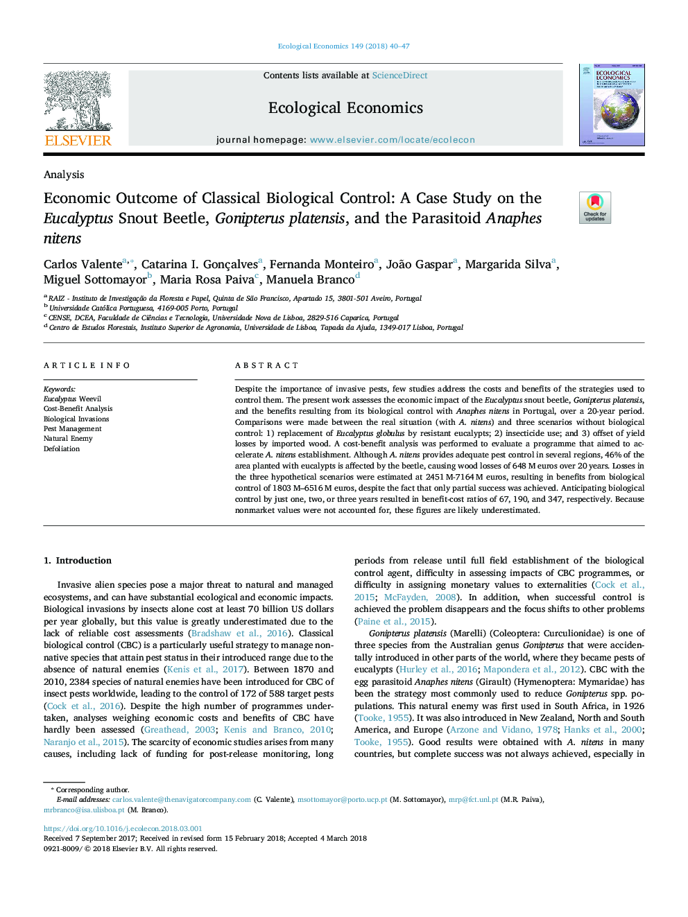 Economic Outcome of Classical Biological Control: A Case Study on the Eucalyptus Snout Beetle, Gonipterus platensis, and the Parasitoid Anaphes nitens