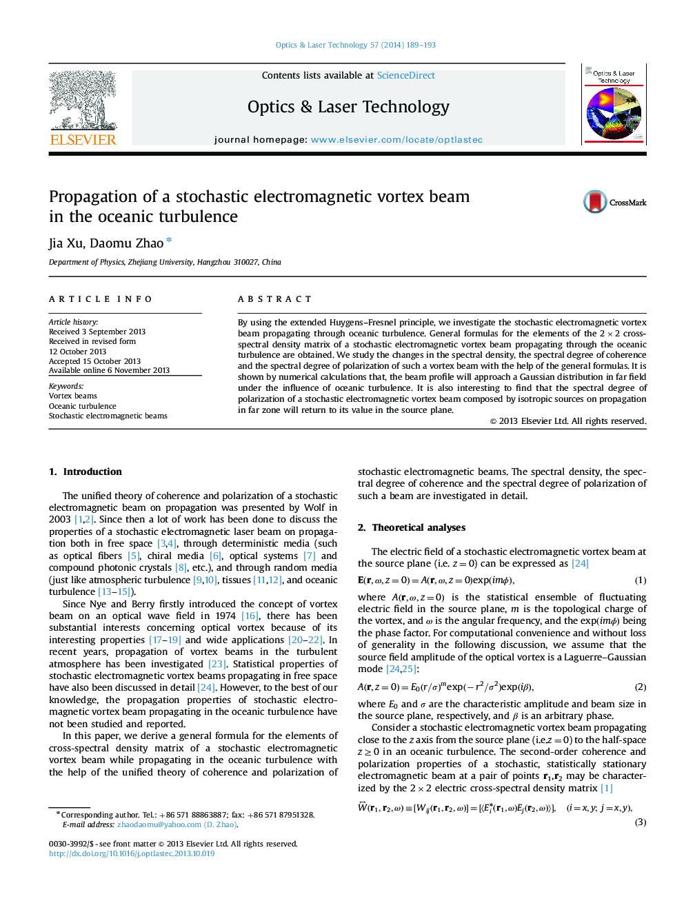 Propagation of a stochastic electromagnetic vortex beam in the oceanic turbulence