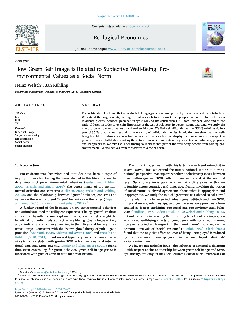 How Green Self Image is Related to Subjective Well-Being: Pro-Environmental Values as a Social Norm