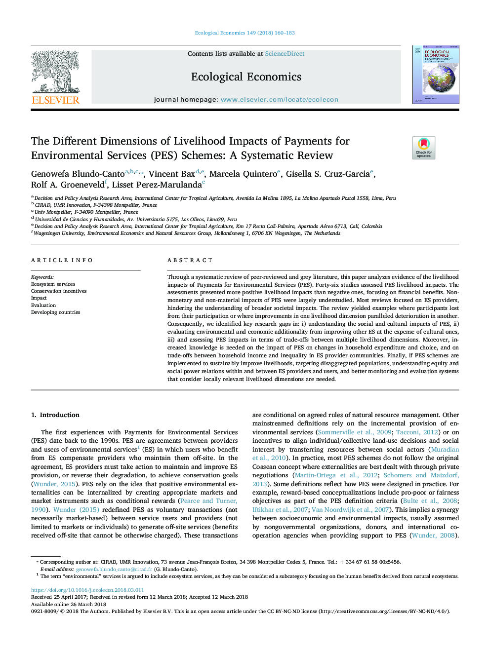 The Different Dimensions of Livelihood Impacts of Payments for Environmental Services (PES) Schemes: A Systematic Review