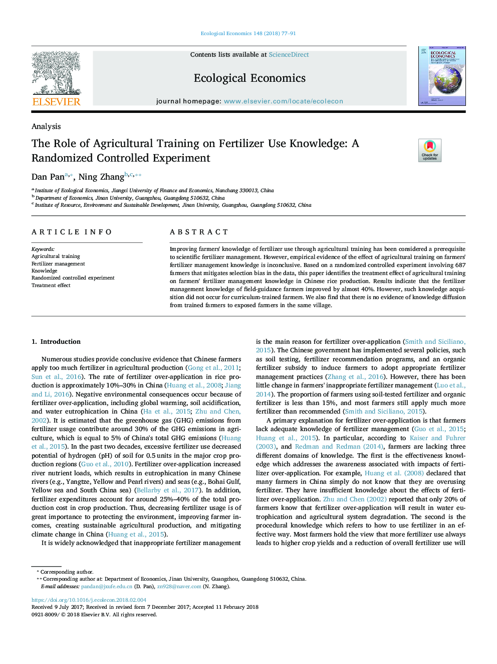 The Role of Agricultural Training on Fertilizer Use Knowledge: A Randomized Controlled Experiment