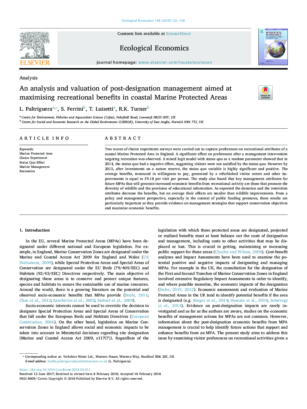 An analysis and valuation of post-designation management aimed at maximising recreational benefits in coastal Marine Protected Areas