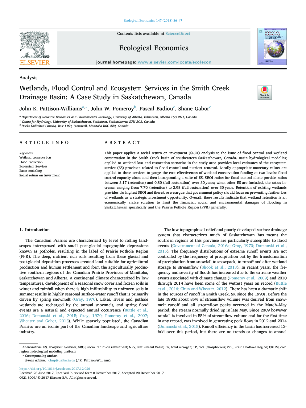 Wetlands, Flood Control and Ecosystem Services in the Smith Creek Drainage Basin: A Case Study in Saskatchewan, Canada