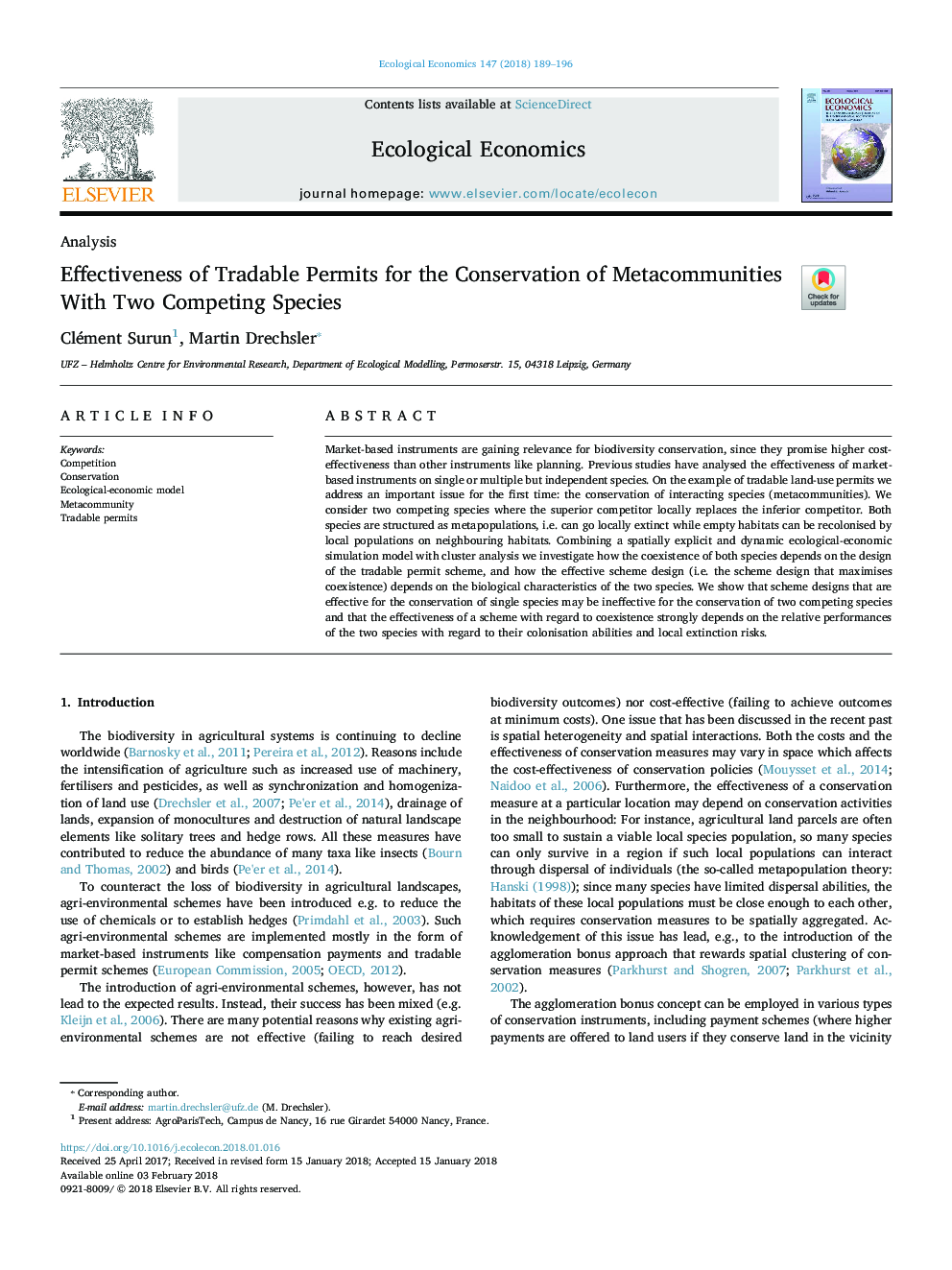 Effectiveness of Tradable Permits for the Conservation of Metacommunities With Two Competing Species