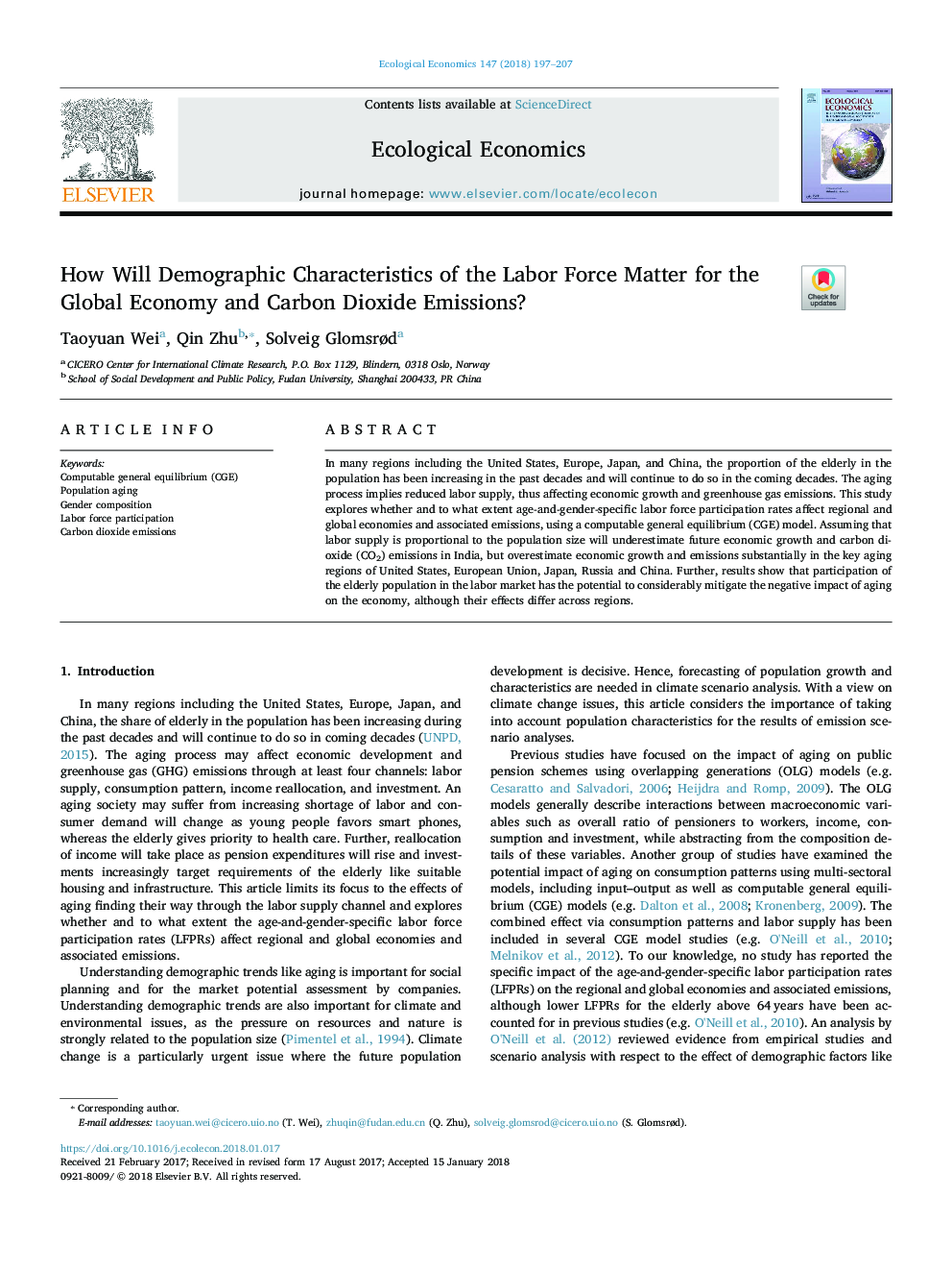 How Will Demographic Characteristics of the Labor Force Matter for the Global Economy and Carbon Dioxide Emissions?